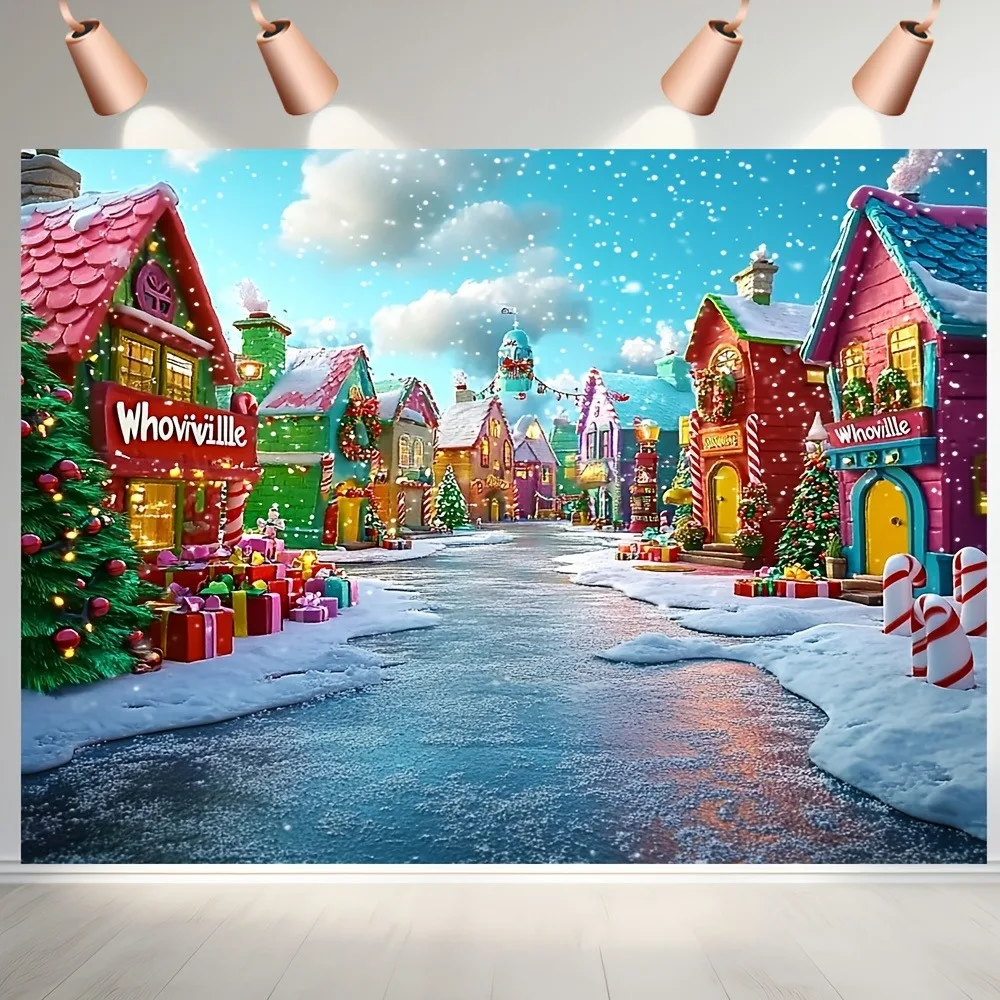 2D Flat, Large Horizontal 2D Flat Christmas Tapestry - Snowy Winter Village with Gingerbread House & Candy Cane Lane,