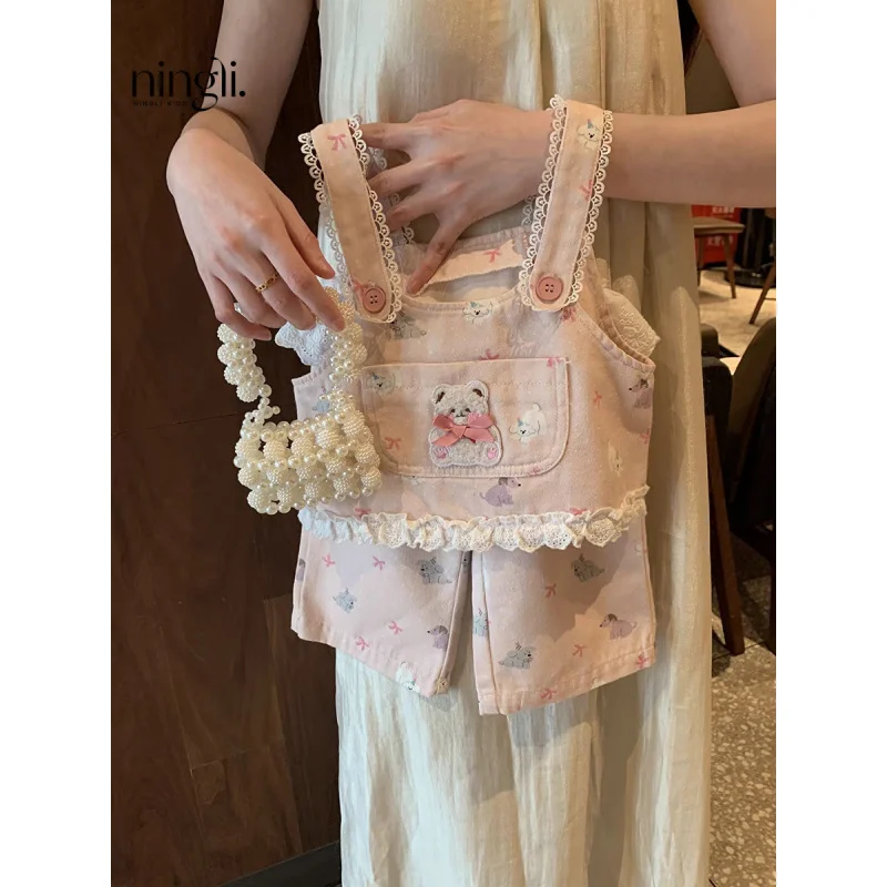 

Girls' Summer Cotton Stylish Set New Camisole Vest and Straight Pants Sweet Two-Piece Outfit for Baby Girls