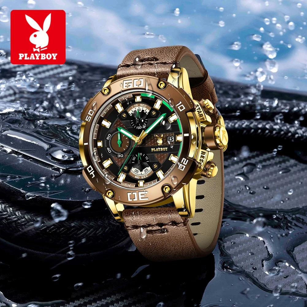 

PLAYBOY 3520 Brand Original Authentic Multifunctional Calendar Chronograph Leather Strap Luminous Quartz Men's Watch