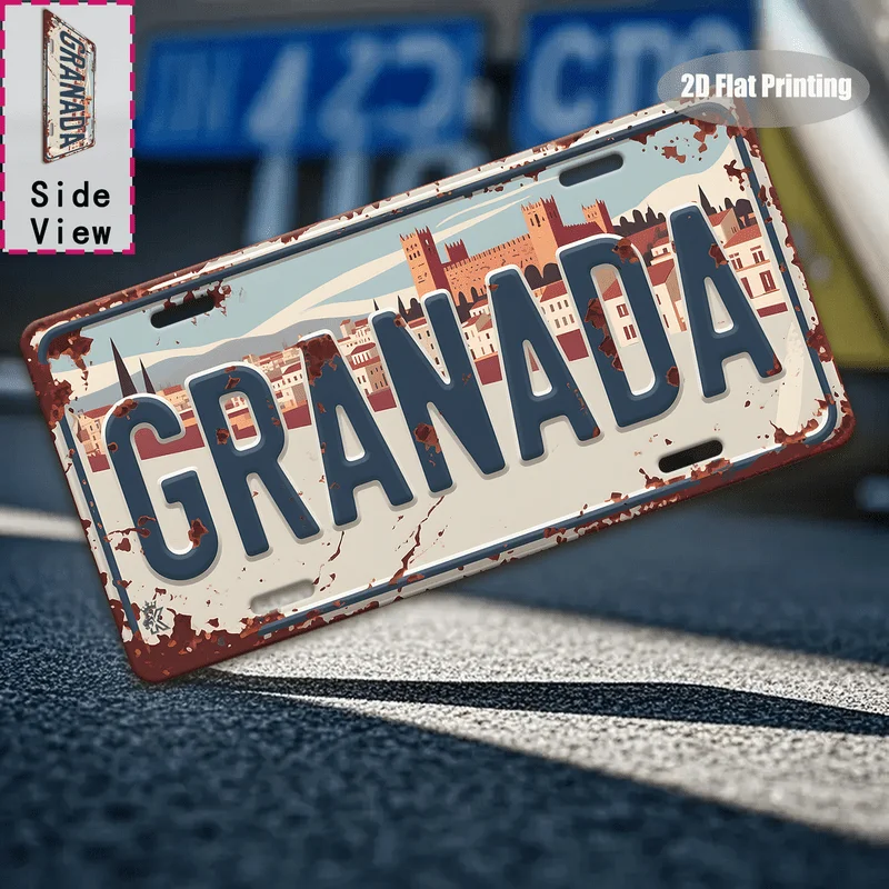 2D Flat - Vintage Spanish City Metal Wall Decor Featuring a  Metal Sign Design - Retro Granada Sign with Spanish Architectural