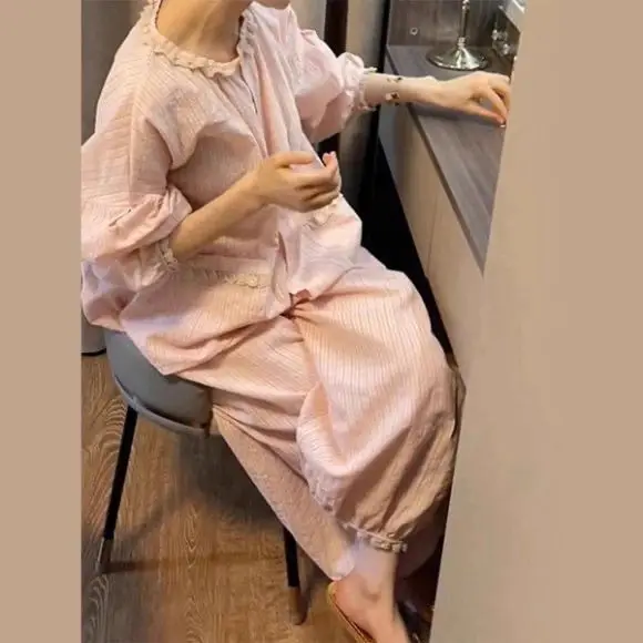 100% Cotton Women's Pajama Set, Long Sleeve Korean Style Homewear Spring Autumn Ideal Students Maternity Use Summer and Winter