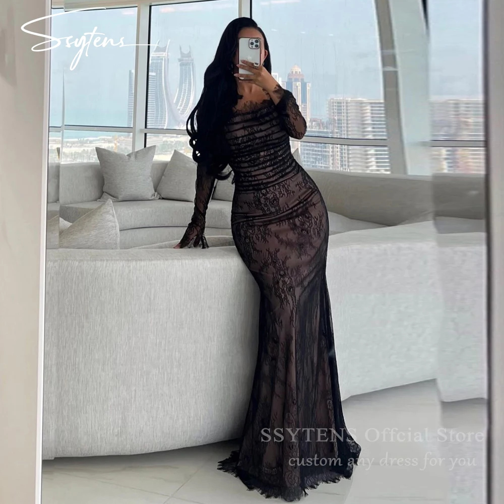 

SSYTENS Sexy Black Mermaid Party Dresses Full Lace Long Sleeves Evening Gowns Night Event Vestidos Para Club Saudi Prom Dress