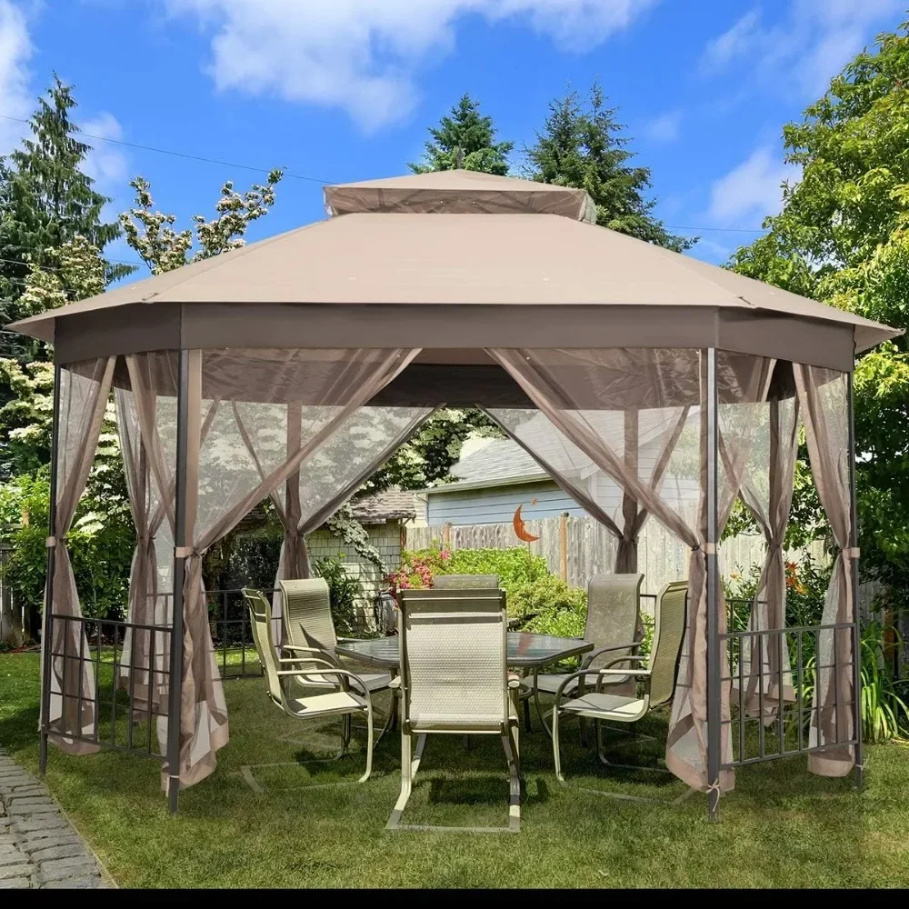 Heavy Duty Octagonal Gazebo Canopy W/Netting Sidewalls & Sturdy Steel Frame Roof Top Tent 10 X 12 Ft Patio Gazebo Camping Tent