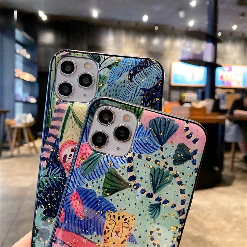 Chic Cute Cartoon Anime Sloth Leopard Silicone Phone Case For iPhone 16 15 14 13 12 11 Pro Max Plus Glitter Gold Foil Back Cover