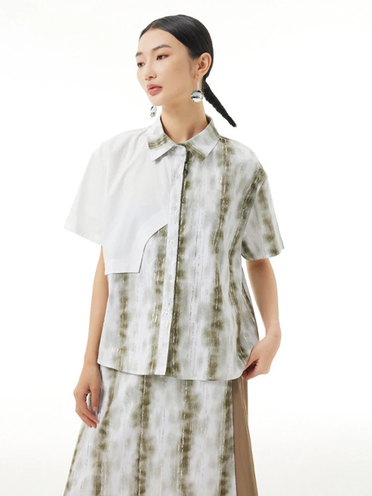 [EAM] Green Striped Shirt Half-body Skirt Two Pieces Suit New Lapel Short Sleeve Women Fashion Tide Spring Summer 2024 1DH4916