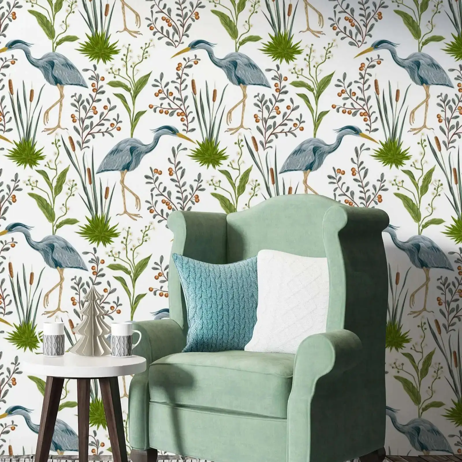 

Винтажные обои Heron Peel and Stick. Милая птица с зеленым листом, настенная роспись для домашнего декора, самоклеящаяся или традиционная нетканая ткань