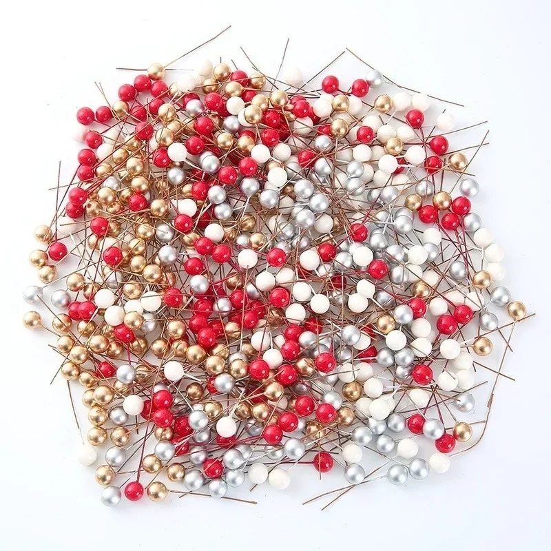 

50PCS Creative Plastic Berry Artificial Flower Red Cherry Pearlescent Stamen DIY Wedding Christmas Cake Box Wreaths Decoration