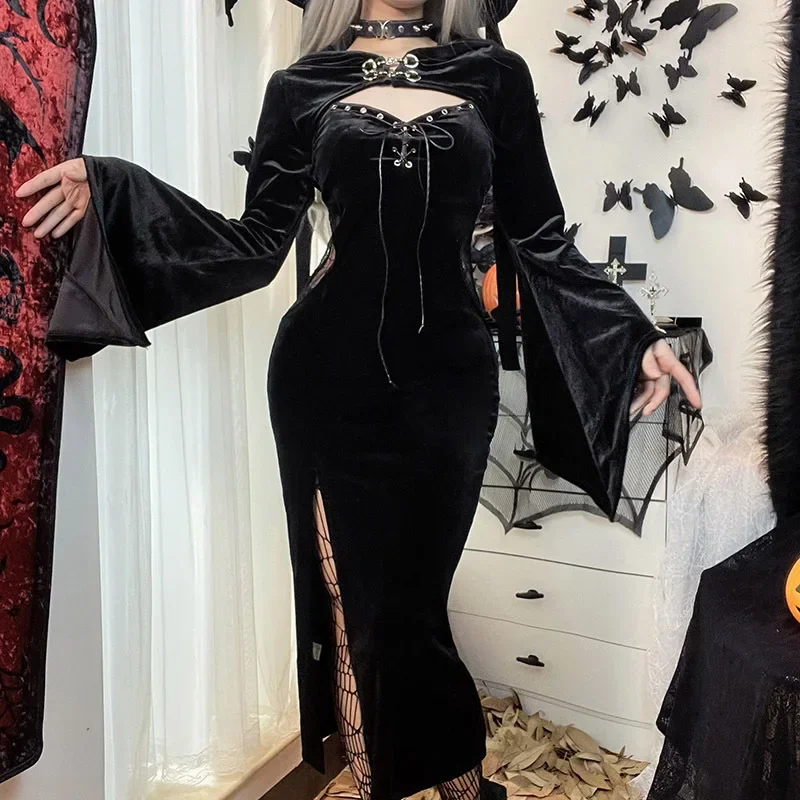 Gothic Long Dress Suit With Hat See Through Velvet Lace Cutout High Slit Long Sleeve Button Lace-up Party Smock Dresses