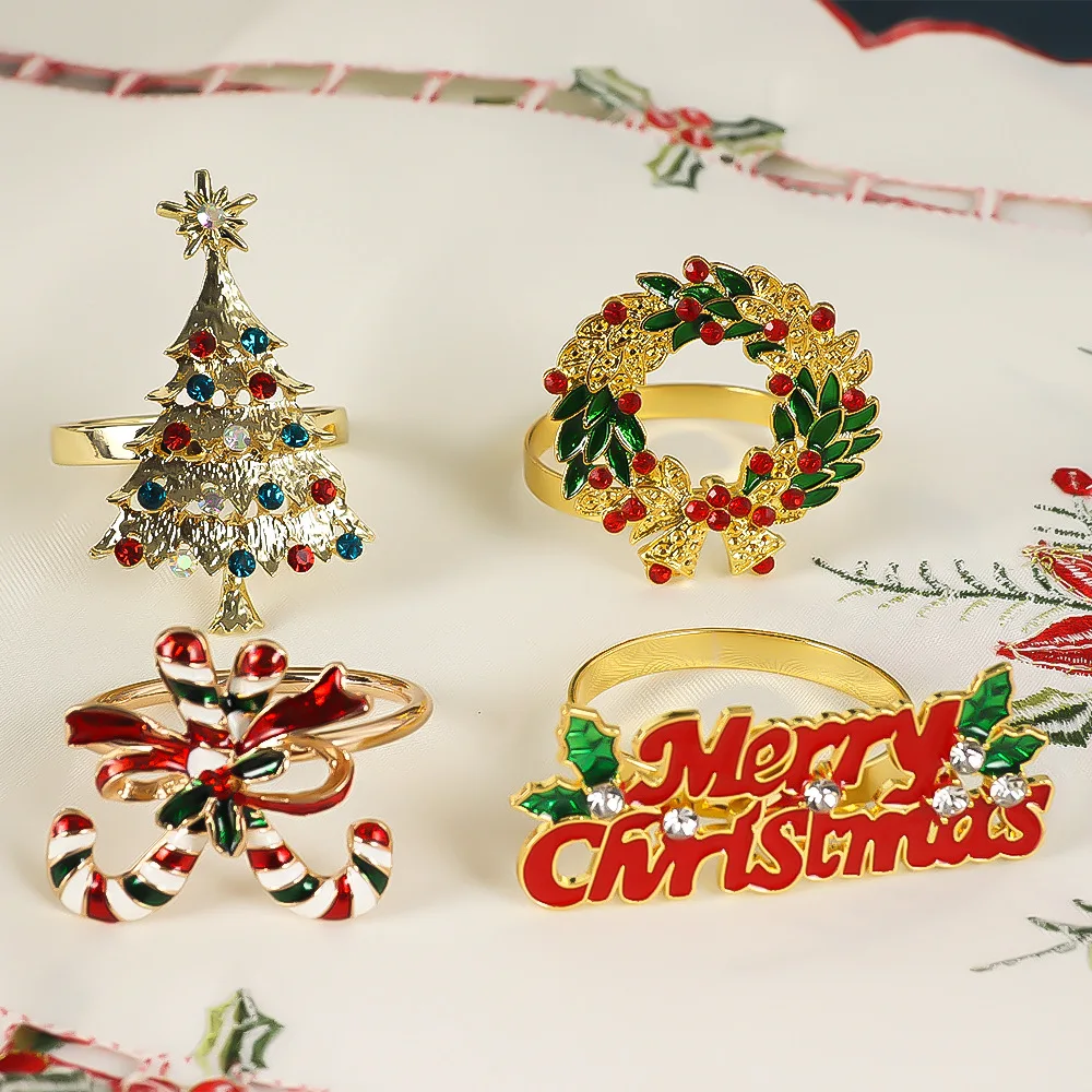 

6 sets of creative diamond garland bells Christmas tree cane napkin rings Merry Christmas napkin buttons 24 pcs