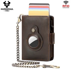 Crazy Horse Leather AirTag Wallets for Men RFID Aluminum Smart Pop Up Metal Cardholder Case with Coin Purse Business Money Bag