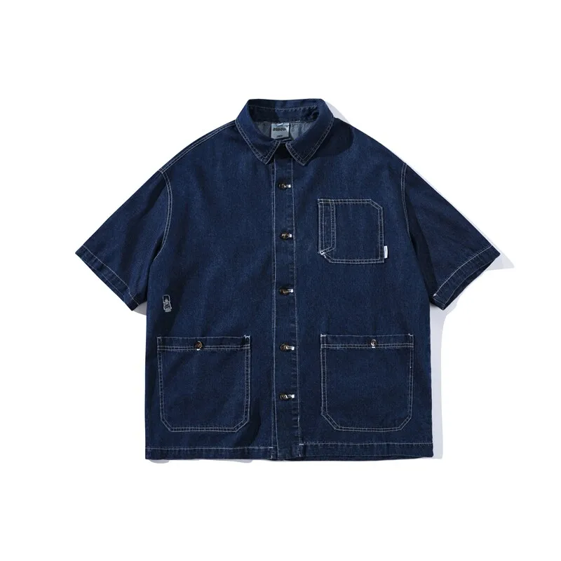 Summer New Japanese Denim Short Sleeved Shirt Men's Lapel Half Sleeved Multi Pocket Couple Shirts