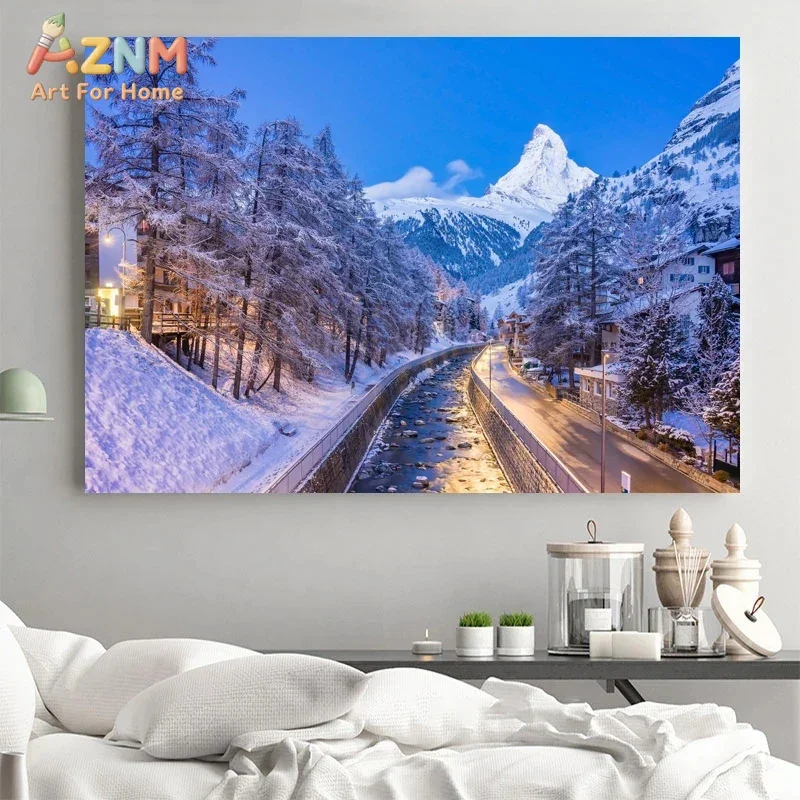 AZNM Winter Snow Forest Mountain Canvas Print, Snowy Pine Tree Nature Landscape Unframed Canvas Painting, Scenery Wall Art Decor