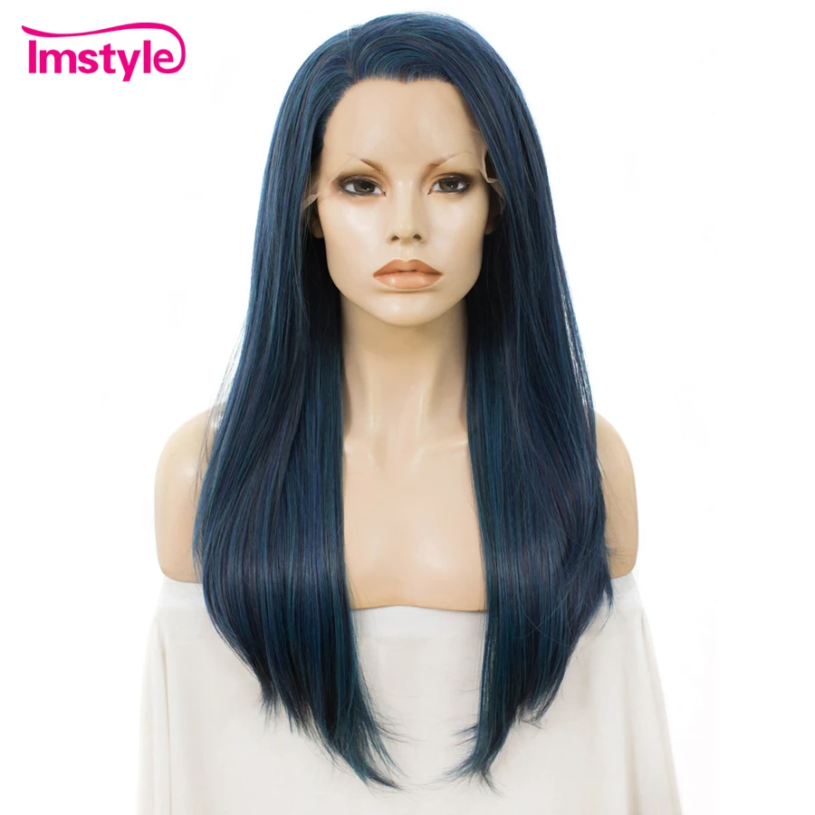 Imstyle Dark Blue Wig Straight Synthetic Lace Front Wig Long Hair For Women Heat Resistant Fiber Cosplay Wigs