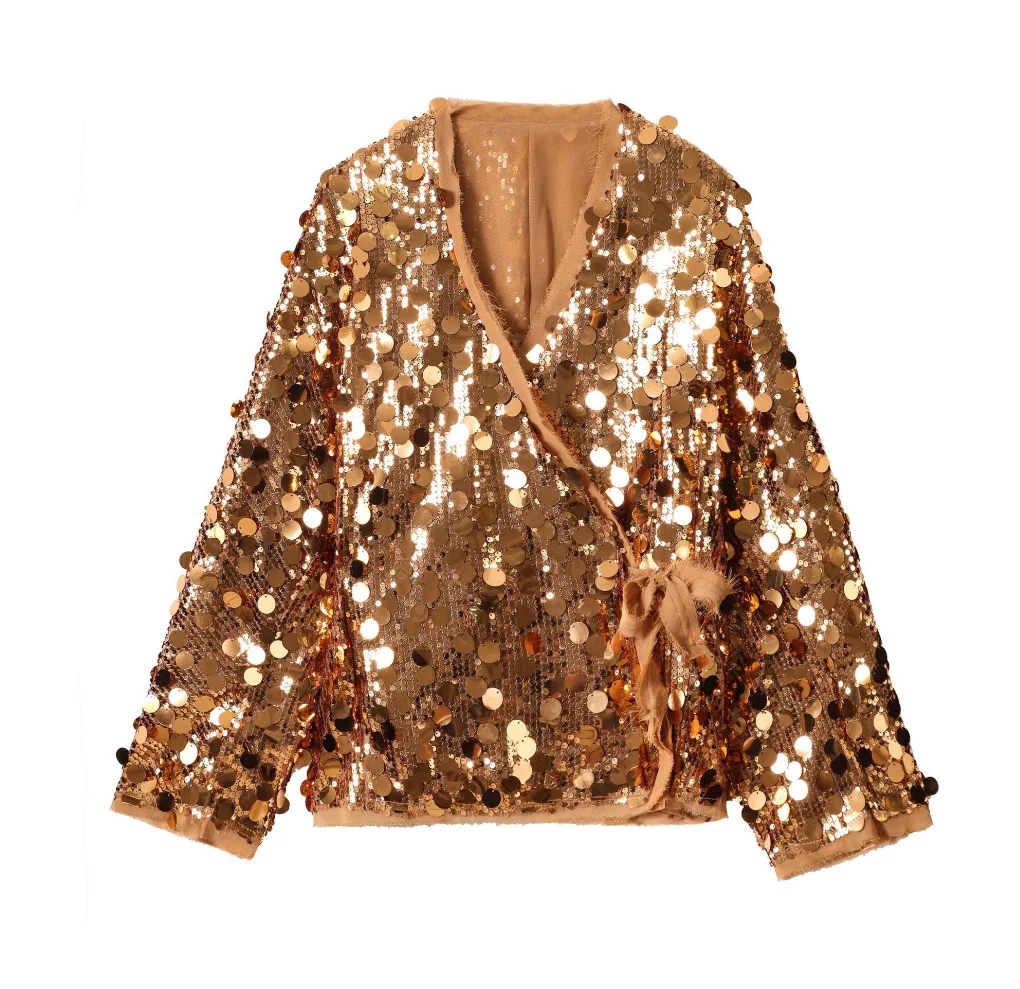 Fashion Sparkling Beaded Short Loose Jacket Elegant V Neck Long Sleeve Lace Up Cardigans 2025 Spring Female Elegant Streetwear