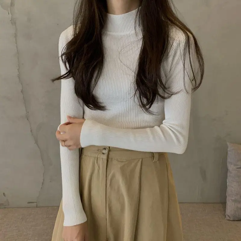 

Вязаный свитер с полувысоким воротником для женщин весной, утягивающий свитер, модная и универсальная базовая рубашка с длинными рукавами