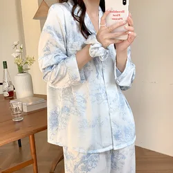 2024 New Pajamas Set Summer Satin Loungewear Shirt&pants Loose Homewear Lady's Luxury Nightwear Pyjamas 2Pcs Trousers Suit