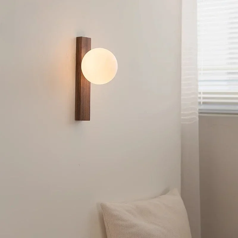 XING 459 Walnut Wood Milk white Glass Sphere, Wabi-sabi Modern style, Wall light Sconces for Bedroom, Living, Aisle balcony, Bed