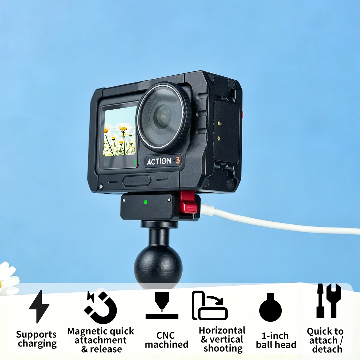 1 Zoll Kugelkopf-Klemmhalterung Magnetischer Ladekäfig für DJI Osmo Action 5 Pro 4 3 Kamera für Fahrrad Motorrad Vlog-Halterung – Detail 2