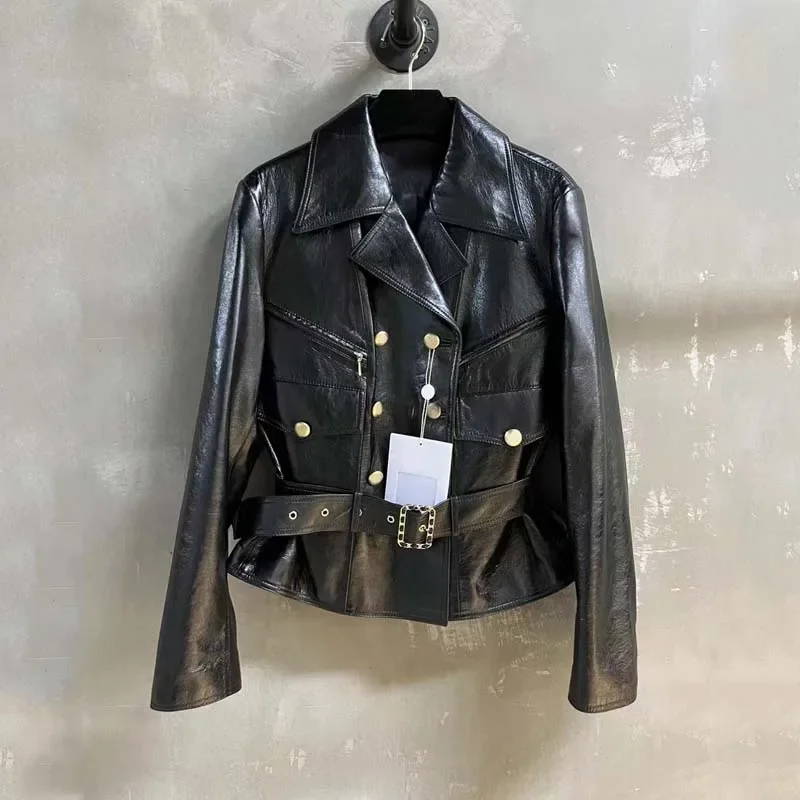 High-End Luxury Leather Jacket Women Coat Spring And Autumn 2024 Turn-Down Collar Clothes With Belt Double Breasted