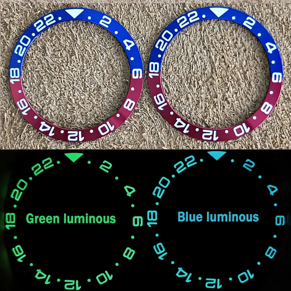 Blue/ Green Luminous Watch Bezel GMT Curvature Aluminum Blue Red Watch Inserts Modified Watches Accessories OD 38MM ID30.5MM