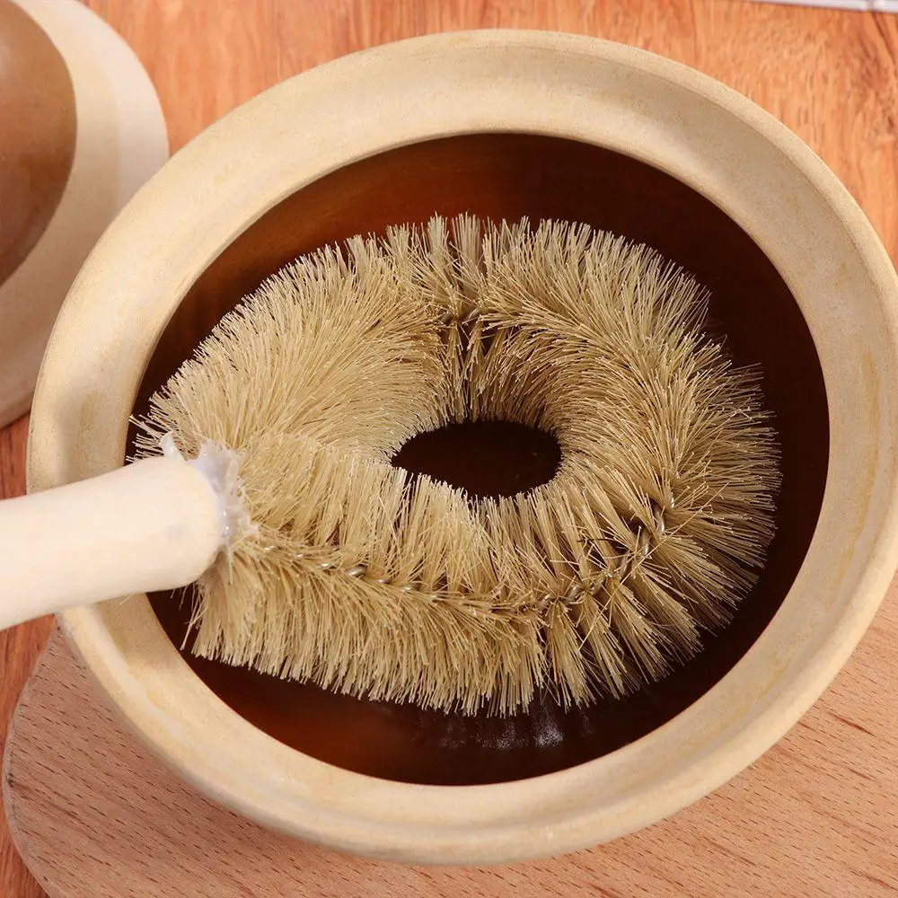 Cepillo de limpieza con mango suave, antiadherente, fácil de limpiar, cepillo de palma de coco, botella de cepillo de olla de madera duradera y ecológica