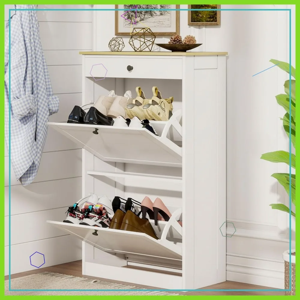 

Slim Wooden Shoe Cabinet with 2 Flip Drawers, Hidden Pet-Proof Storage Organizer for Entryway Living Room