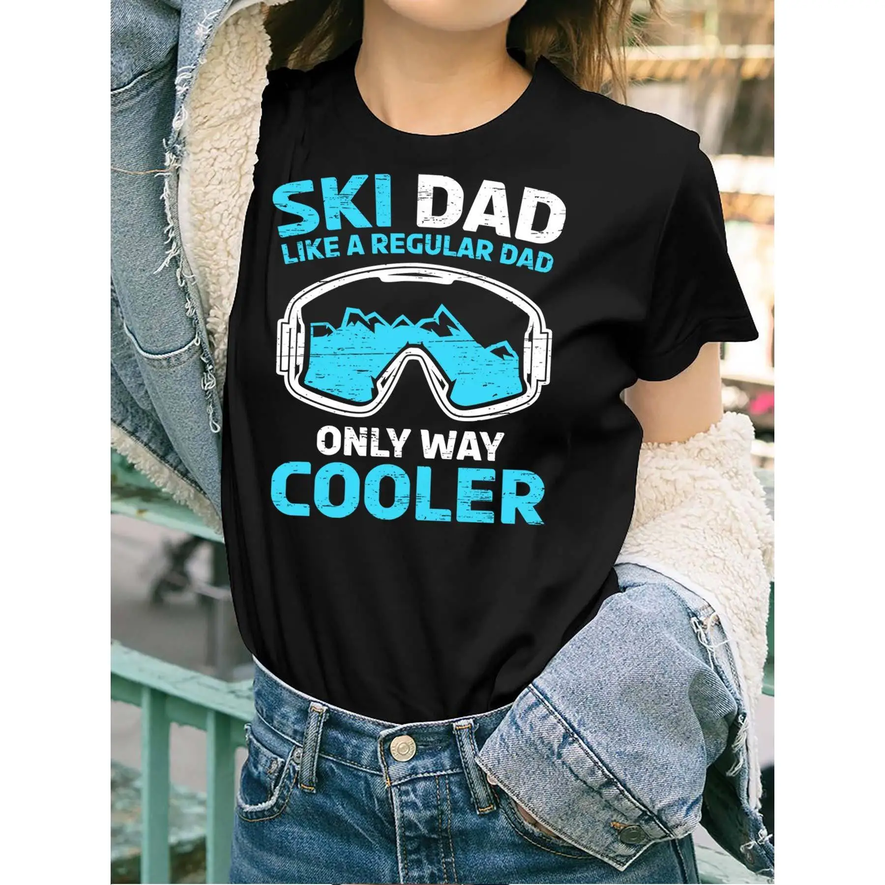 

Funny Ski Dad Like A Regular Dad Only Way Cooler Graphic Women's Short Sleeve T-Shirt - Black with White & Blue Print, Casual Co