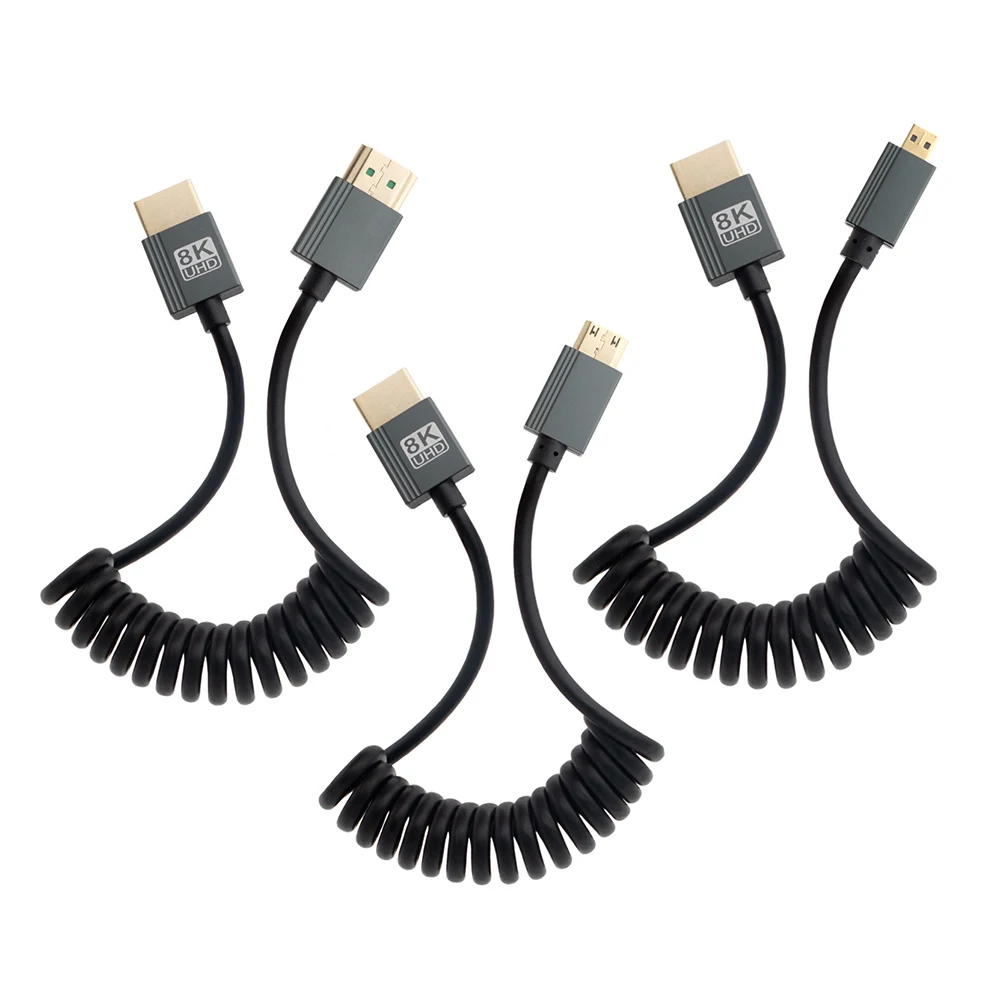 1M Portable HD2.1 8K UHD Cable Mini-HD Micro-HD Stretch Spring Curl Flexible Cord for PC Phone Tablet Camera DV Monitor HDTV