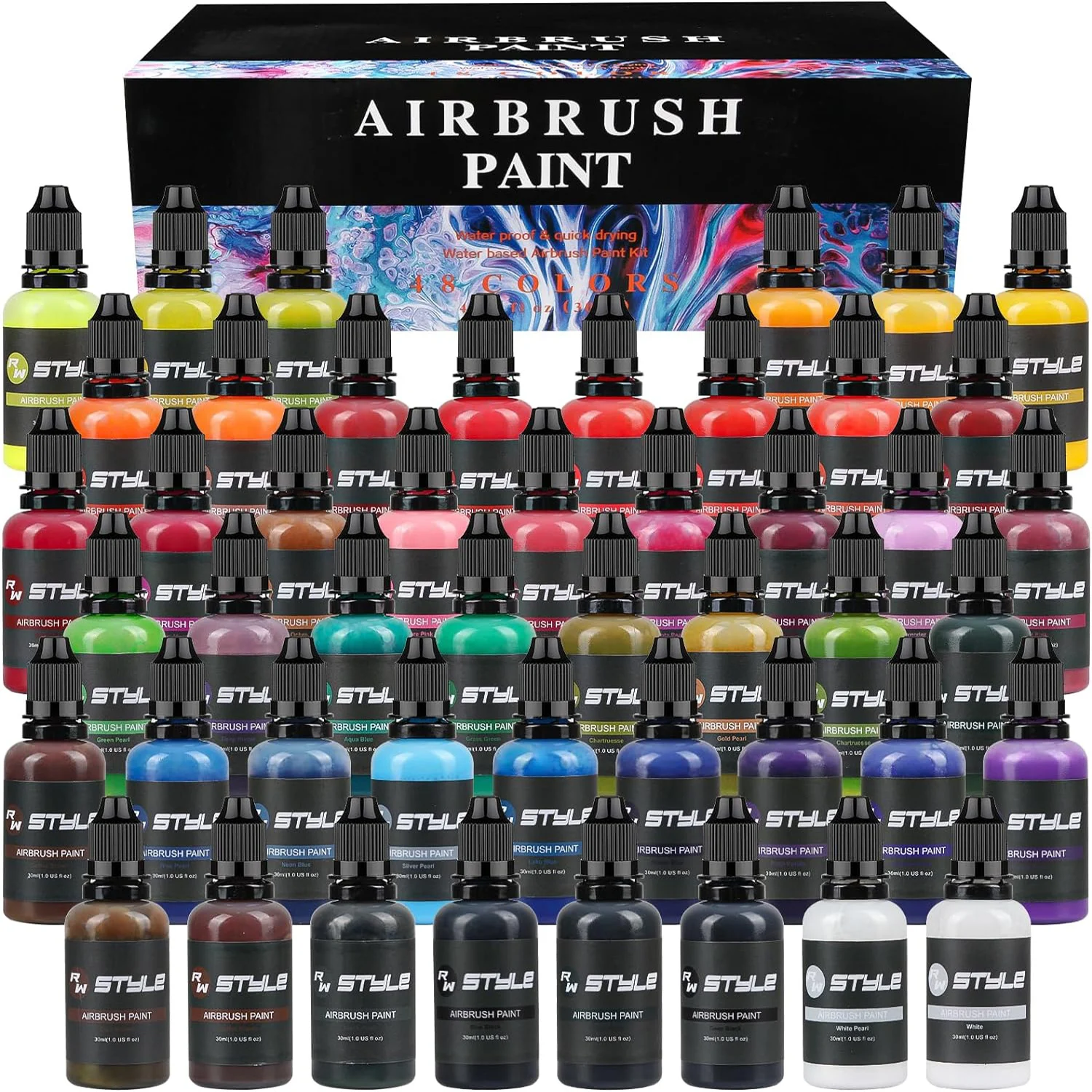 Juego de pintura para aerógrafo de 48 colores, 1 fl oz, colores opacos y brillantes, Kit de pintura con pincel de aire acrílico para cuero y zapatos, listo para rociar agua