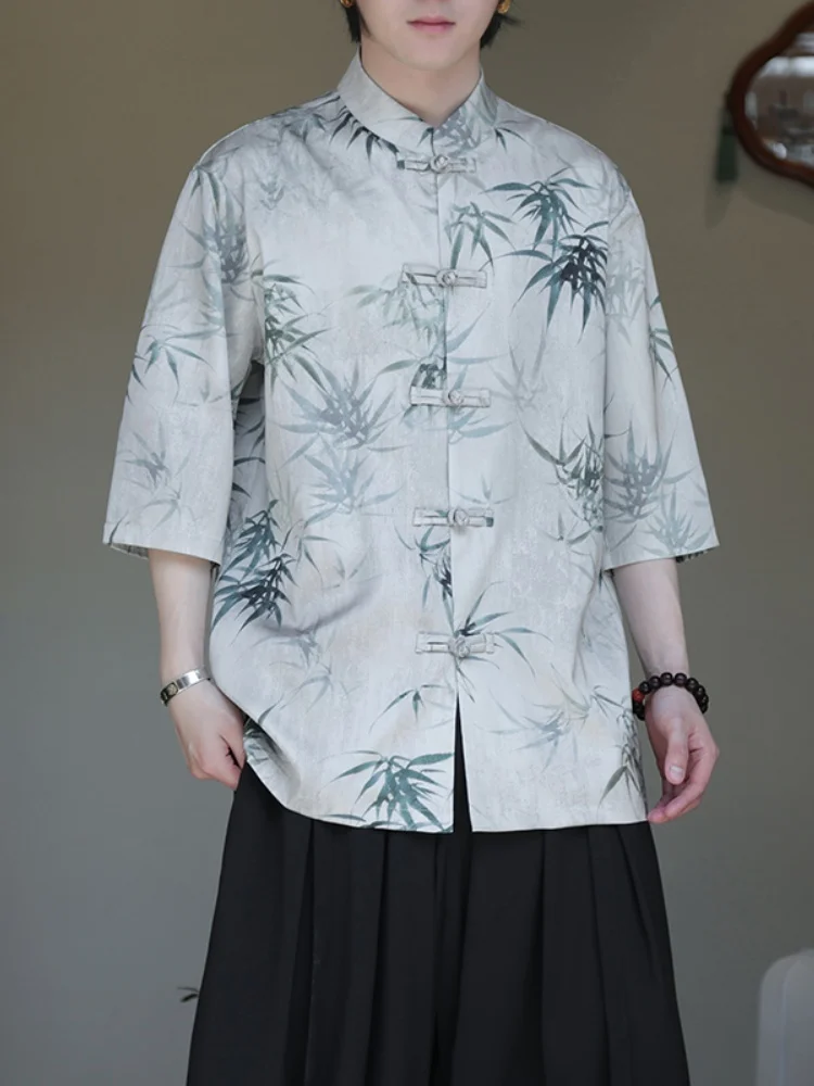 

Ice Silk ort Sve irt Men's Summer Loose Fit Stand Collar Hanfu Sle f Sve Outerwear Youth Faion Printed irt