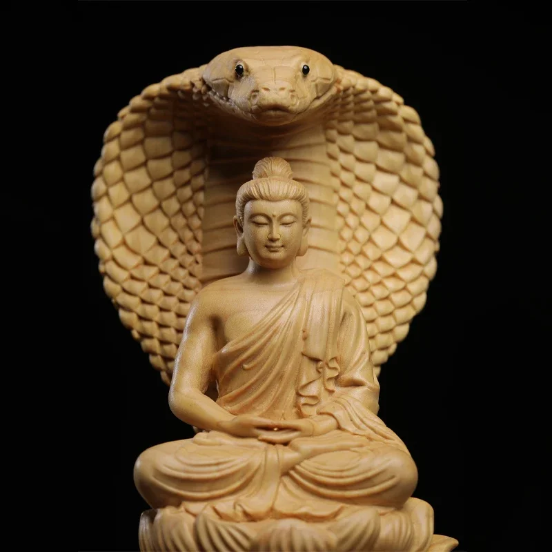 15cm Natural Boxwood Wooden Statue Snake Buddha Shakyamuni Family God Buddha Adornment Solid Wood Wood Sculpture