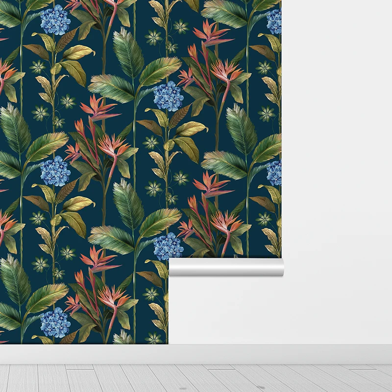 Papel tapiz Floral de bosque lluvioso Tropical, vinilo impermeable de pelar y pegar, decoración de pared, hojas azules, pegatina extraíble para