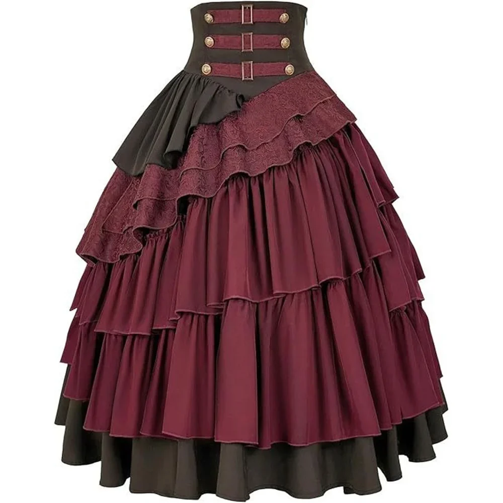 Womens Gothic Steampunk Ruffle Trim Gothic Skirt Front Lace-up Tiered Corset Ball Gown  Vintage Medieval Pirate Costume Skirts
