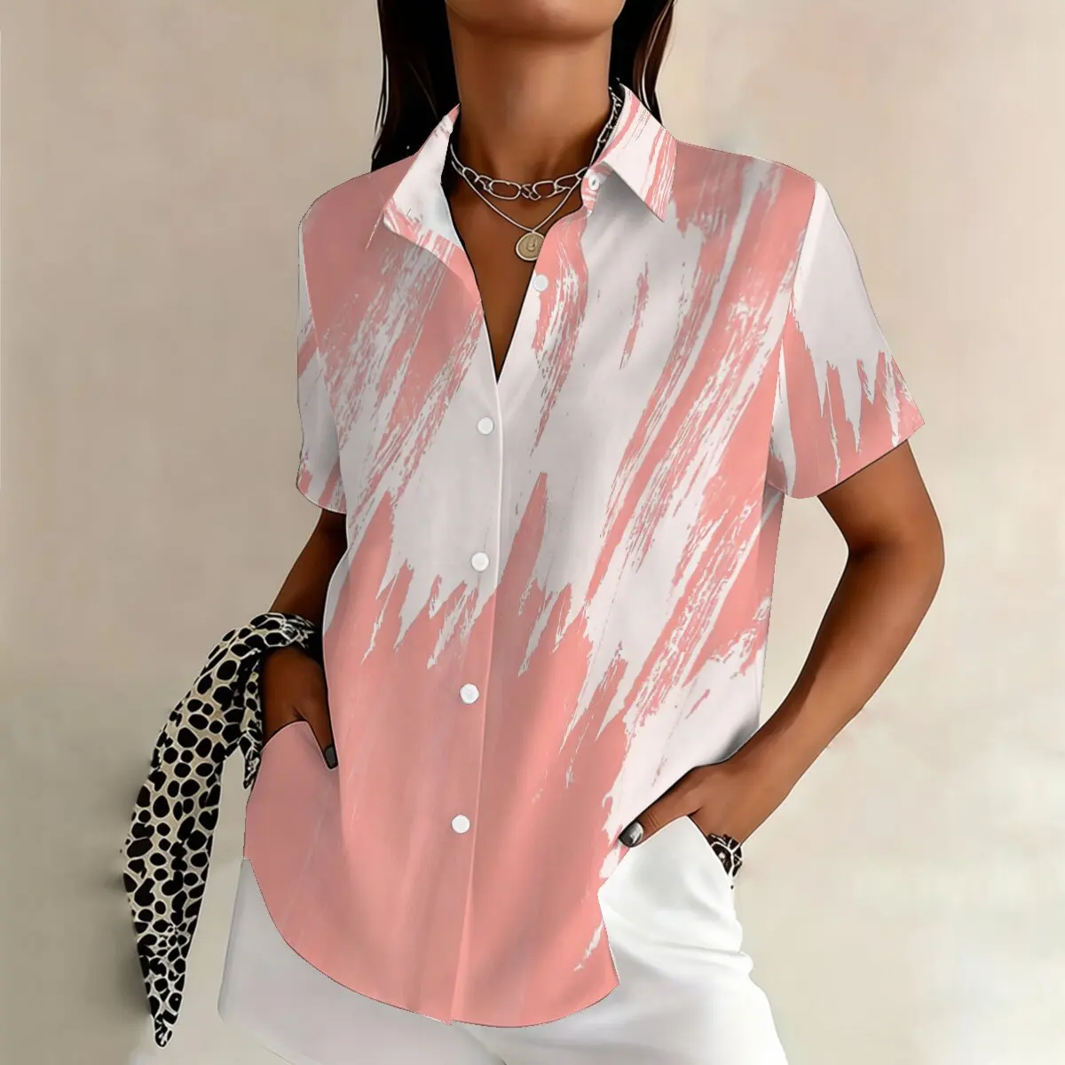 

Simple and personalized ink dyed printed summer women's plus size lapel short sleeved shirt, fashionable daily versatile top