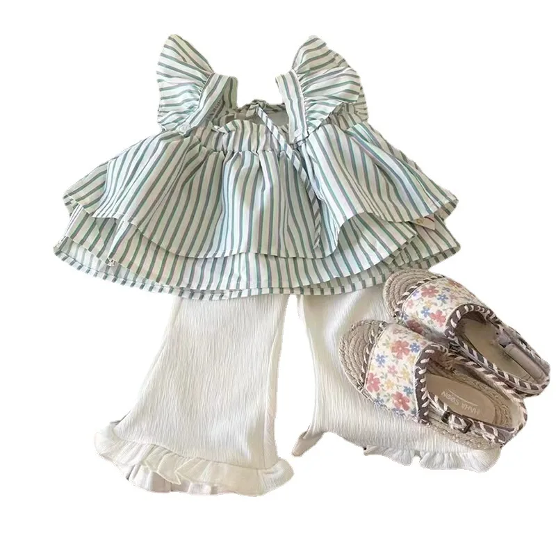 الفتاة الصيف فستان أطفال مع سروال داخلي 2025 فتاة جديدة طفل الحلو ساحة طوق قميص مخطط + البيج سليم جرس أسفل بنطلون 2 قطعة مجموعة #5
