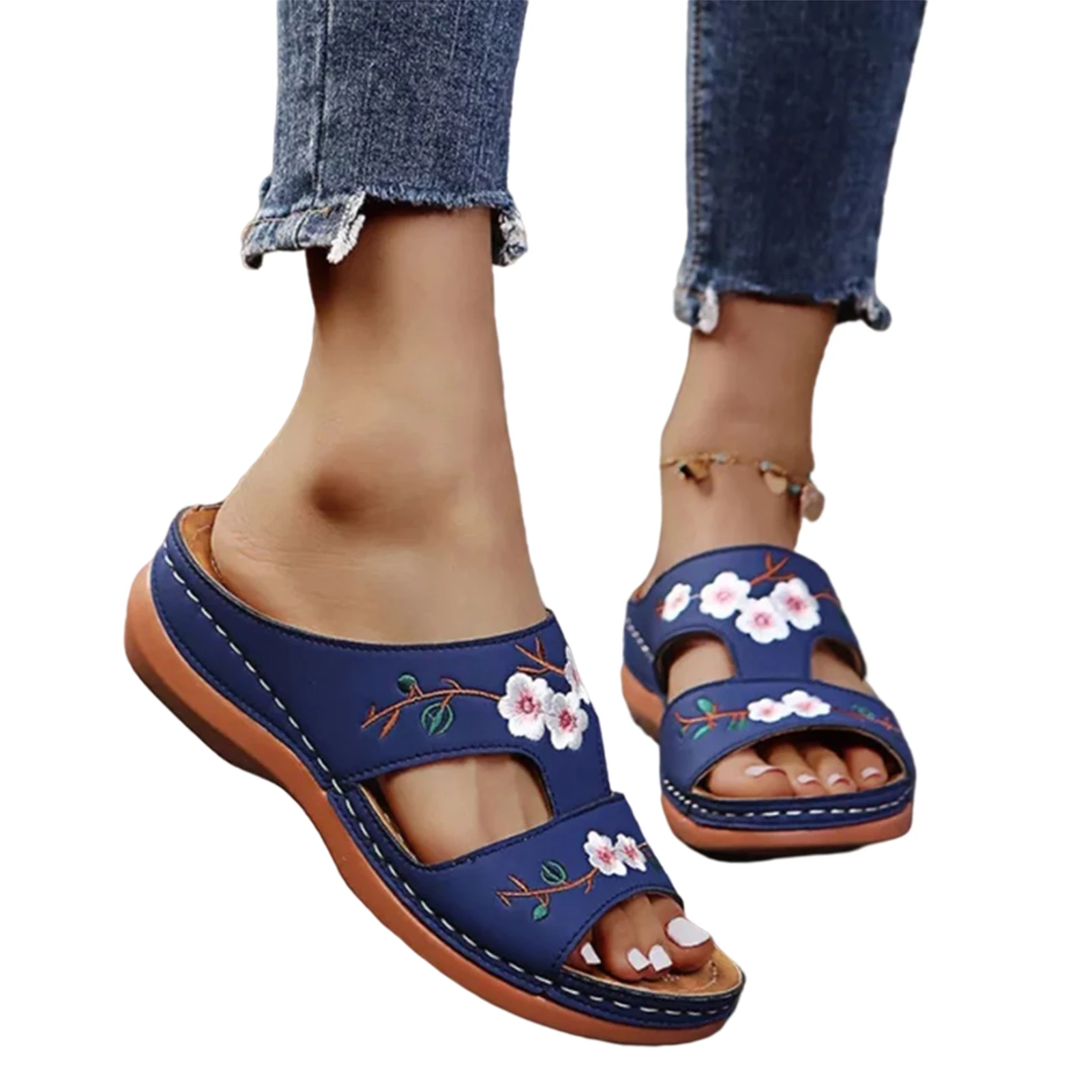 Leather Flower Embroidered Vintage Casual Soft Footbed Orthopedic Arch-Support Sandals