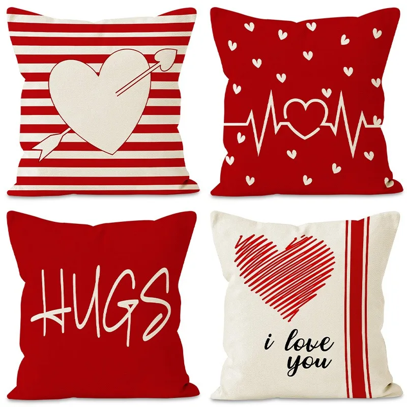 Valentine's Day Love Heart Print Home Decor Pillowcase Bedroom Living Room Sofa Decoration Polyester Cushion Cover with Zipper