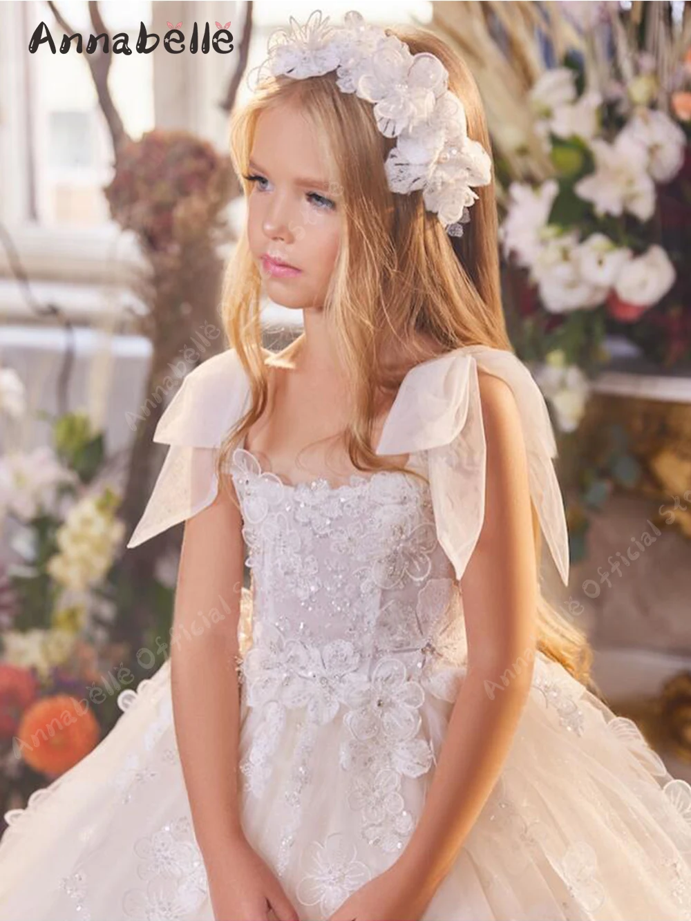 Annabelle-Vestido largo con lazo en la cintura y flores para niña, traje elegante de noche para fiesta y boda