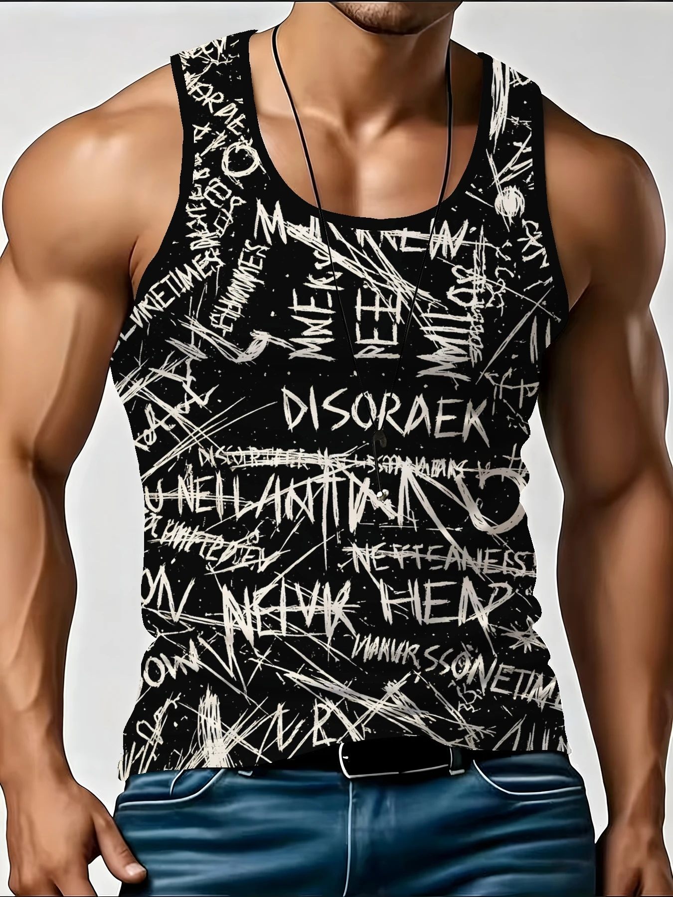 Men's Fashion Letter Print Tank, Fashion Scribble Text Sleeveless Muscle Vest