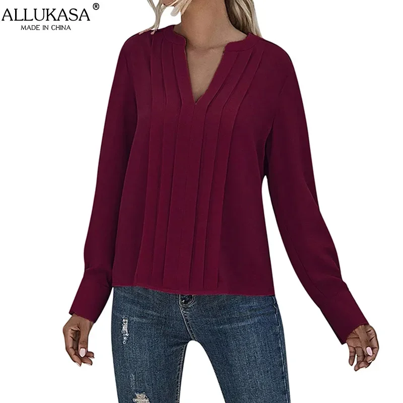 Allukasa Women Chiffon Blouse Female V Neck Casual Long Sleeve Pleated Solid Color Pullover Fashion Office Shirt Ladies Clothing