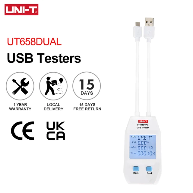 Tester USB typu A/C serii UNI-T UT658, cyfrowy woltomierz i amperomierz UT658B, tester kabli szybkiego ładowania i ładowarek.
