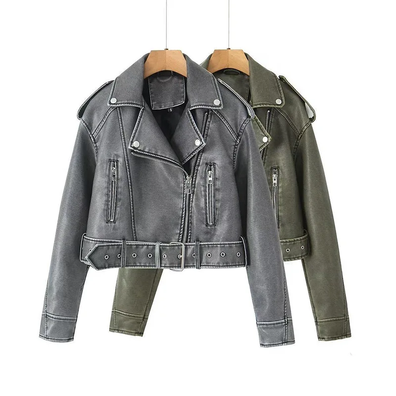 

Blouse Jacket Faux Leather Women's Spring/Autumn Distressed Finish Notched Lapel Loose Fit New Fashionable Distinctive Casual