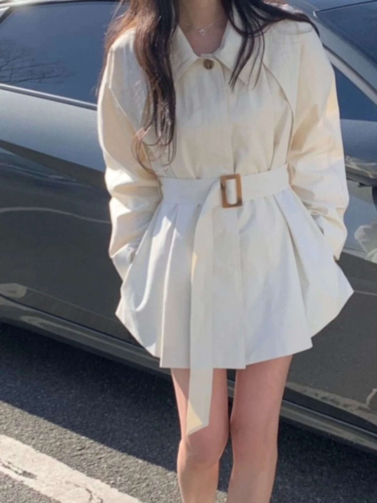 Women's Long Waist-Cinching Belted Coat Autumn New Sle Korean Version Loose Fit Long Sve Single Button Closure  Color