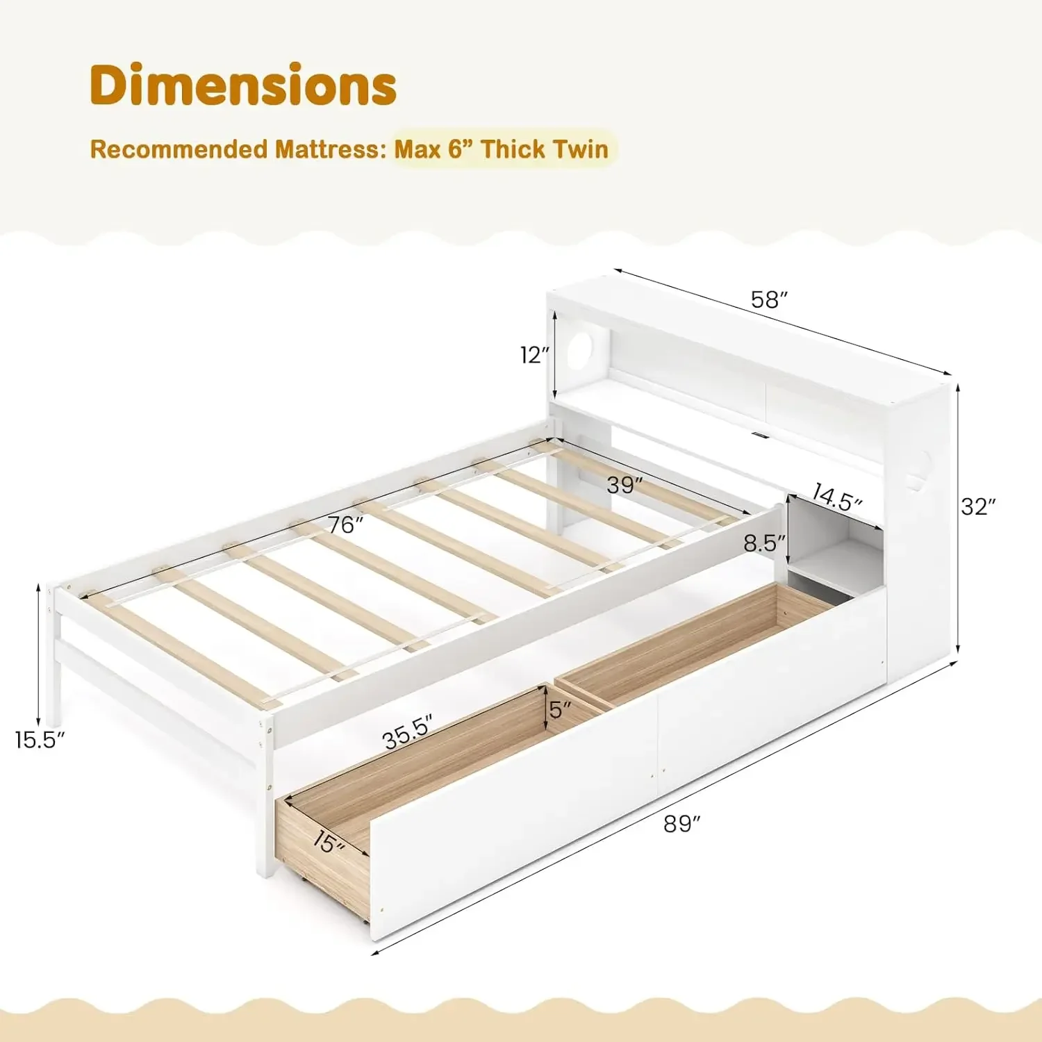 Wood Twin Bed Frame with Storage Drawer & Headboard, Modern Platform Bed with Charging Station & LED Light