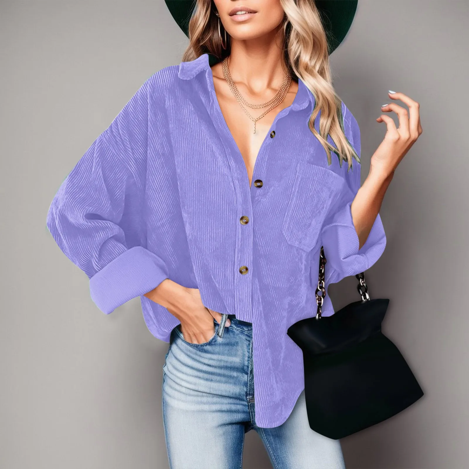 

Women's Corduroy Button Down Shirt Oversized Loose Blouses Long Sleeve Lapel Solid Color Casual Warm Shirts With Pockets