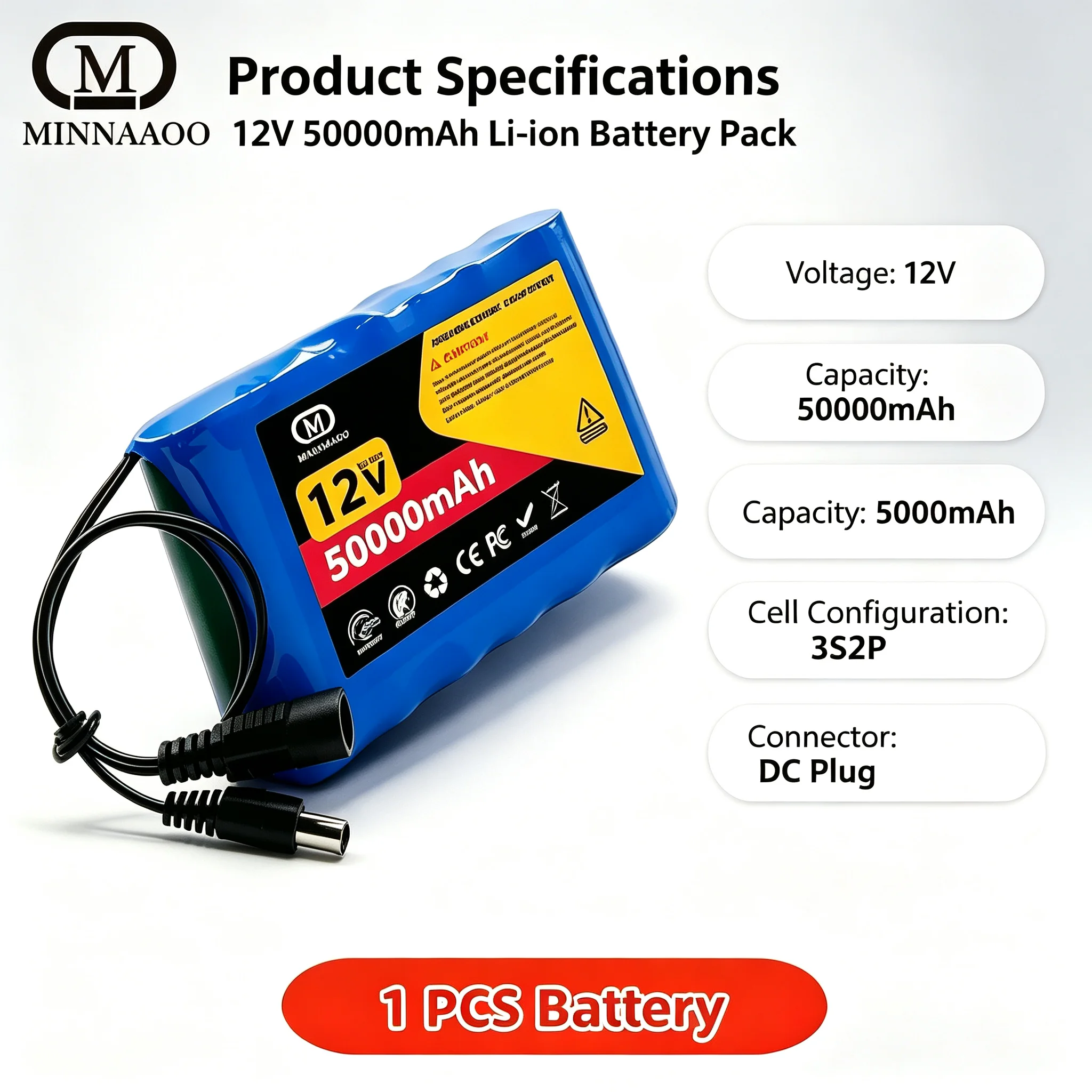 12V 50Ah Super Rechargeable Li-ion Battery Pack with Charger, 3S2P Protection, 18650/21700 Cell for Power Tools/CCTV