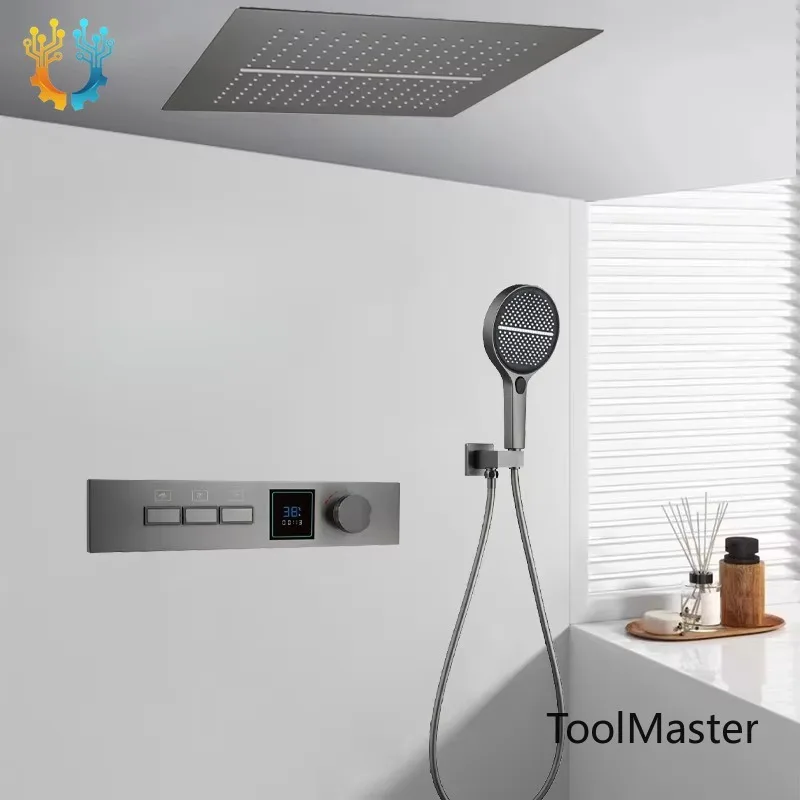 

【2026】Hidden In-wall Design Shower System With Digital Display Key Button, Gunmetal Shower Set For Hotel, Guesthouse