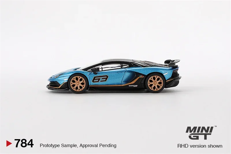 سيارة موديل MINI GT 1:64 Aventador SVJ 63 Blu Aegir Blue RHD Diecast