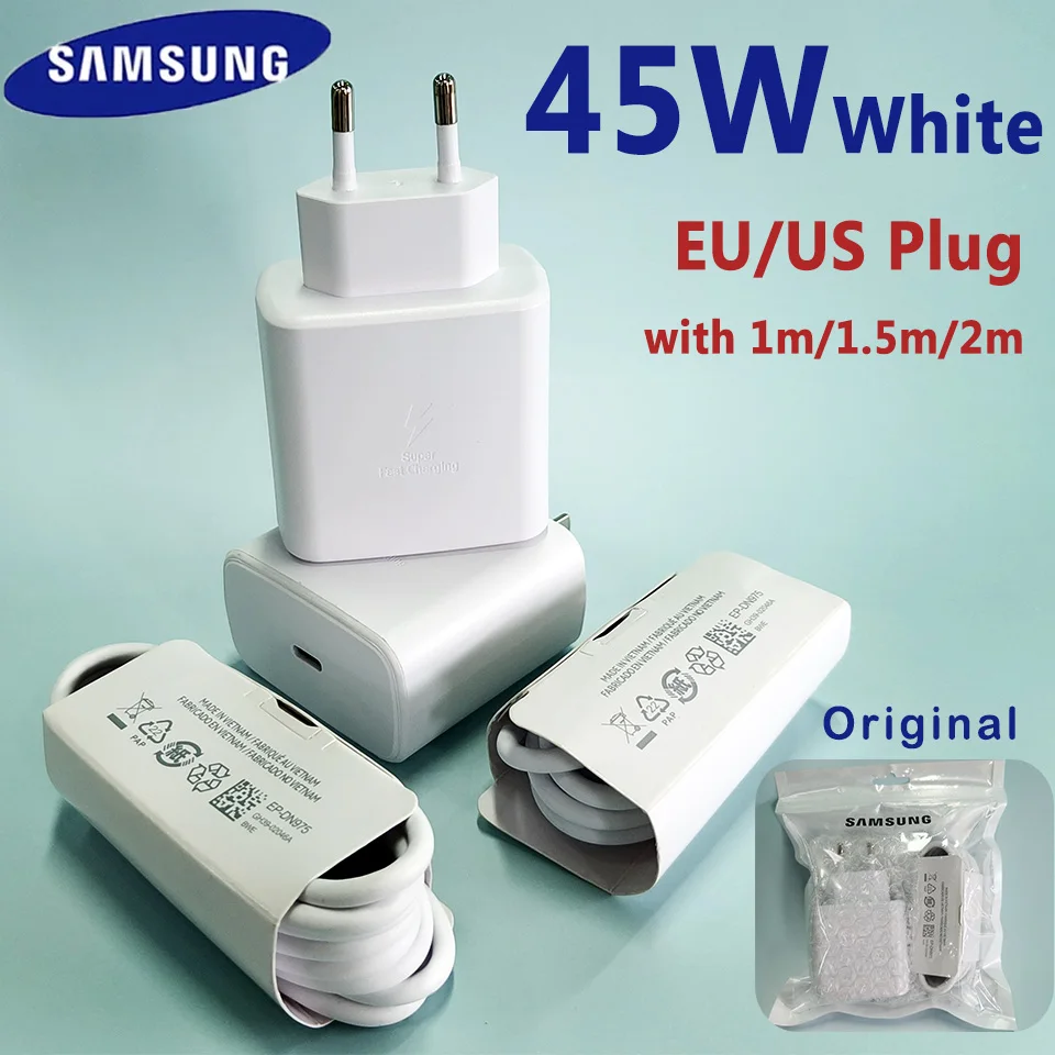 Cargador Original Samsung Tipo C de 45w Blanco, Carga Súper Rápida de 25w, Cargador para Galaxy S26 S25 Ultra S24 S23 S22 Plus Tab S11 M36 A56