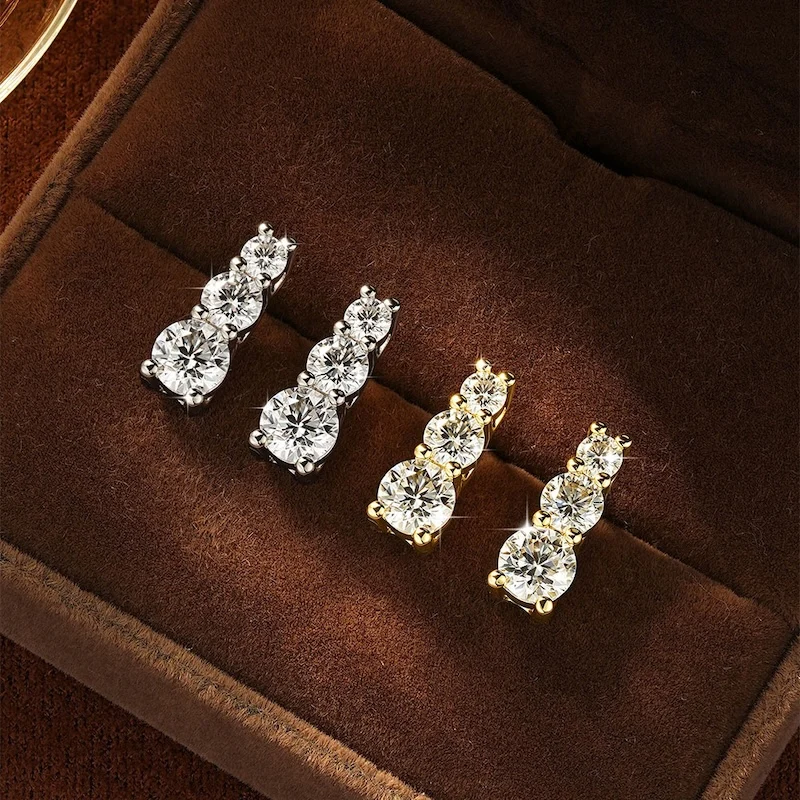 Rrjzz 3mm 4mm 5mm Drei-Stein-Ohrstecker mit Labor-Imitationsdiamanten, D-Farbe Moissanit-Ohrstecker für Damen, Hochzeitsschmuck, Geschenke – Detail 12